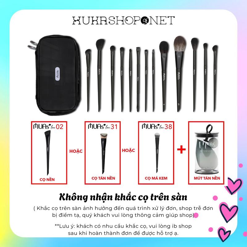   MUA.s Lux 13 cây tặng 1  Bộ Cọ Trang Điểm Mua.s Lux 13 Cây Lông Mịn Tán Đều Kèm Túi và Set Mút Mua.s 