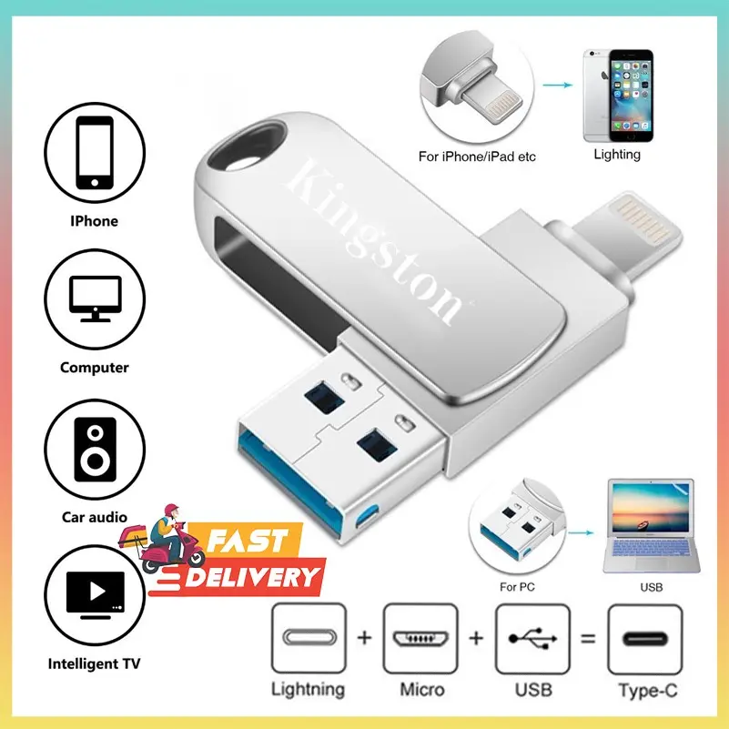 Kingston flashdisk 3 in1 IOS OTG USB Flash Drive 512GB/1TB/2TB Rotation Pen Drive for iPhone/Android/PC [ISO+Micro+USB] Storage Penyimpanan Komputer