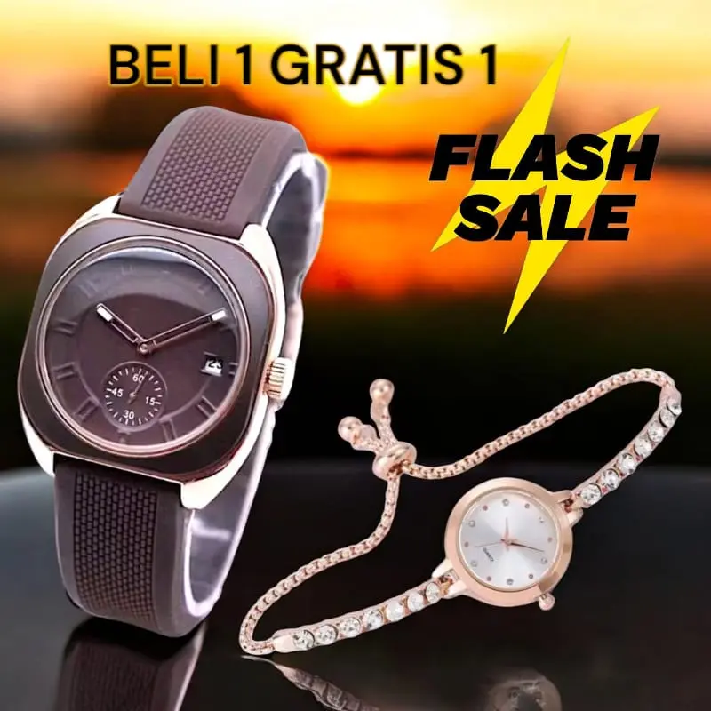 PROMO BELI 1 GRATIS 1 Jam Tangan Wanita Segi Terbaru Tali Rubber Free Jam Gelang Serut Analog Watches 4