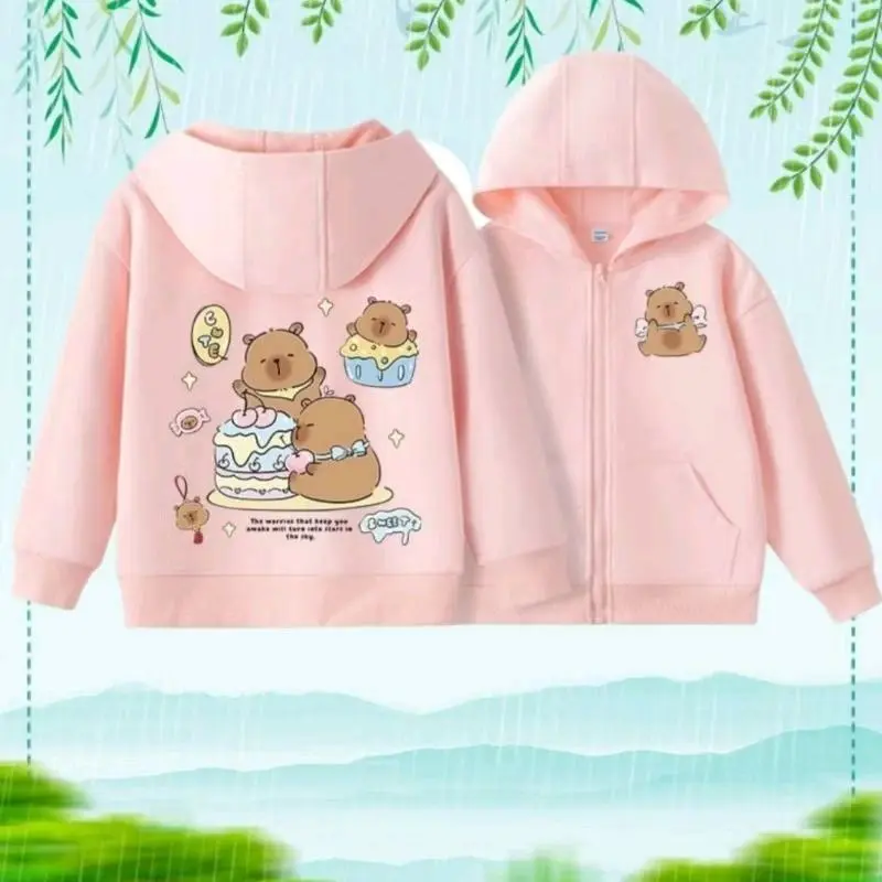 Áo khoác Hoodie Capybara cho bé có khóa kéo và túi, chất nỉ bông Tàu ép hình (mã 1) Voi - Kem - Cotton
