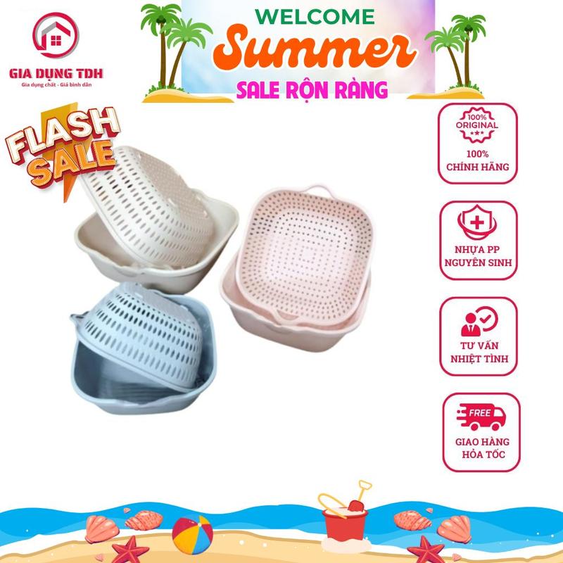 Bộ Rổ Nhựa Vuông Kèm Thau đựnġ Rau Củ Quả VIỆT NHẬT 3288/89/90 - DOMUS