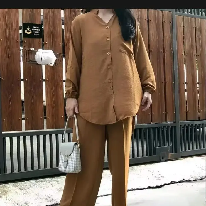 KEMEJA SETELAN WANITA DEWASA JUMBO - ATASAN WANITA DEWASA - STELAN DEWASA BAHAN CRINKEL AIRFLOW Baju Celana Panjang Kerah Balon  Crinkle Standar Linen Casual Bawahan Nyaman Variasi Blazer 6
