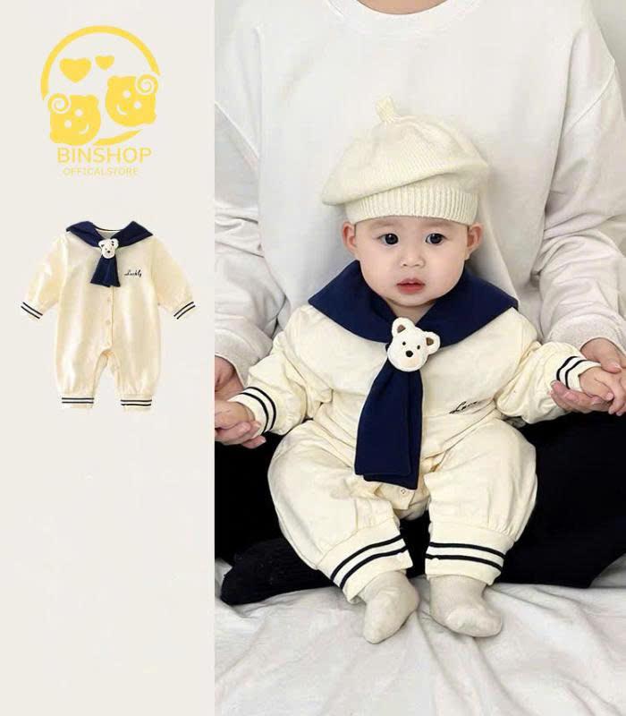 Bộ liền thân cho bé gái bé trai dài tay Đính Gấu Body dài tay cho bé gái bé trai chất cotton Áo liền quần cho bé 0-12M