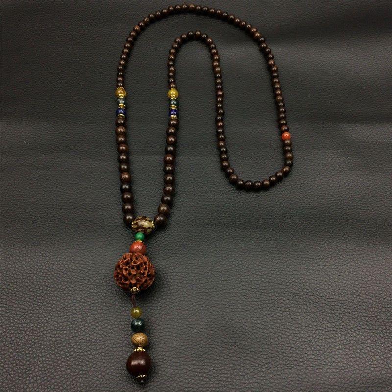 Vòng cổ hạt Phật bằng gỗ đàn hương đen phong cách Trung Quốc dành cho nam và nữ, với 100 phụ kiện phù hợp, mặt dây chuyền bồ đề cổ dài, dây chuyền quần áo, chiều dài 80cm