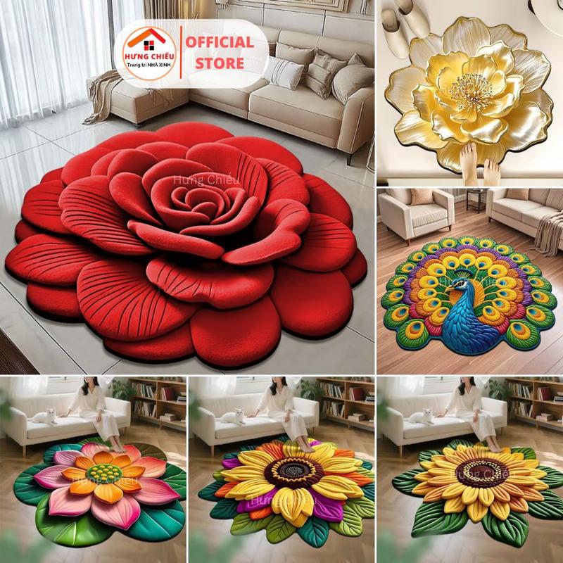 Thảm trải sàn bali hình tròn Công 5D thảm lau chân hình bông hoa 3D nỉ lì Trang trí phòng khách phòng ngủ nhiều họa tiết lựa chọn ED03