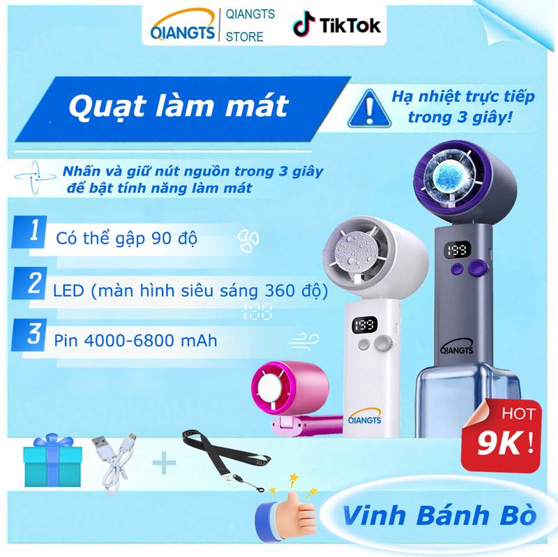 (Vinh Bánh Bò)& (Giảm giá cực mạnh) Qiangts Quạt sò lạnh  2025 Chế độ làm mát 0 độ, với 199 bánh răng tốc độ, Màn hình kỹ thuật số, Có Thể Sạc Lại 3000mAh, Động cơ không chổi than, Hỗ trợ cả ngoài trời và trong nhà([BẢO HÀNH 6 THÁNG - 1 ĐỔI 1]