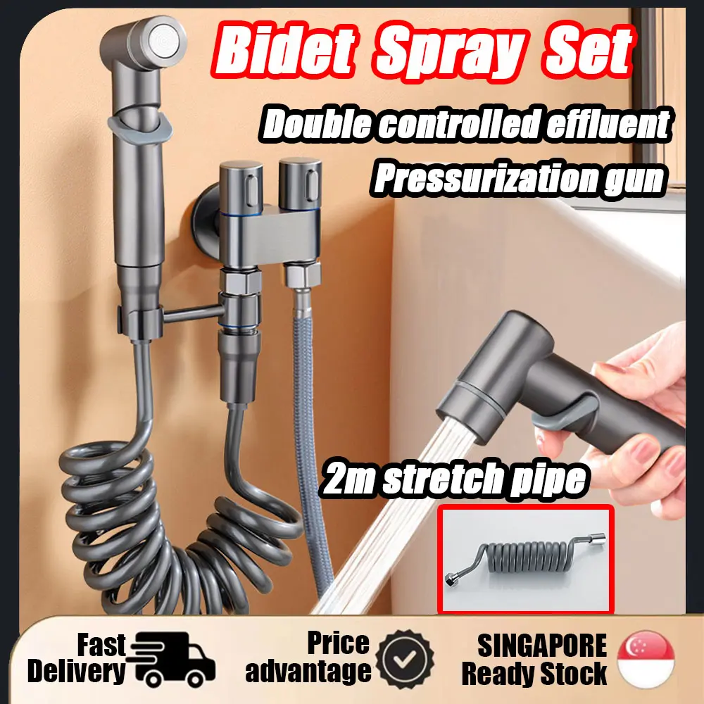 [SG Stock]304 Stainless Steel Bathroom Faucet Double Controlled High Pressure Spray Gun Angle Valve Bidet Hose Spray Set
