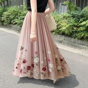 エレガントなローズプリントメッシュ半身スカート、ロング丈の花柄ドレス、女性用ファッション衣装、パーティーや特別な日のために最適