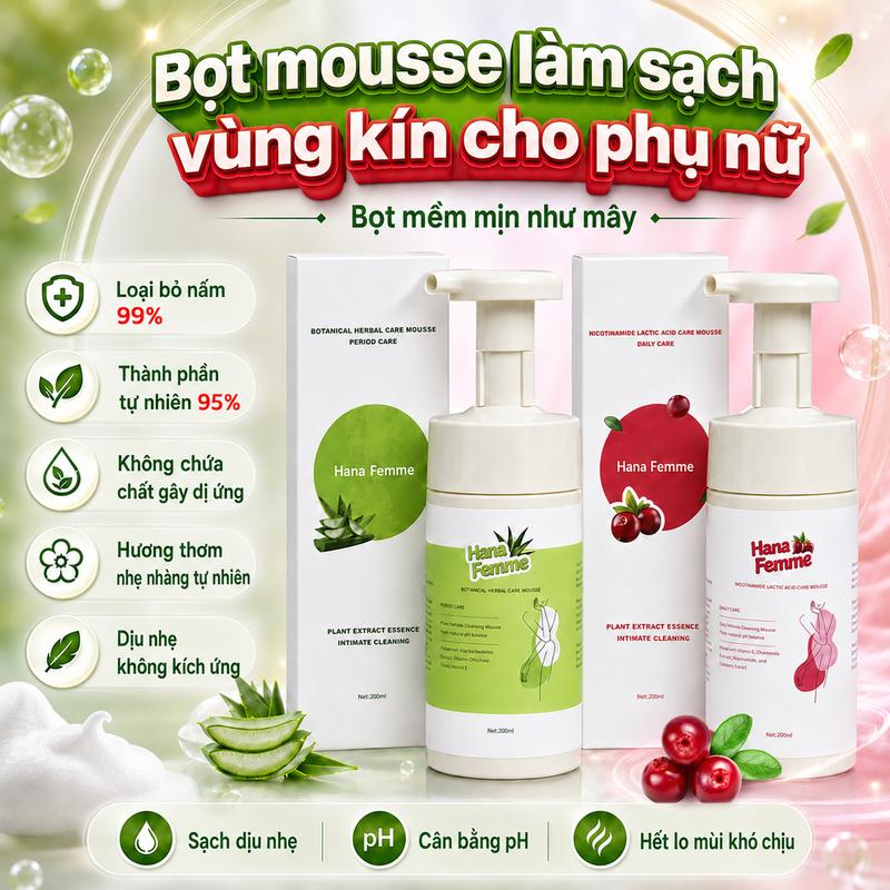 Bọt rửa vệ sinh vùng kín HANNA FEMME Có chứa Niacinamide, Axit Lactic và Chiết xuất Cranberry tự nhiên Độ pH cân bằng 4–5  làm sạch nhẹ nhàng  Hương thơm lưu hương lâu Giảm kích ứng  giảm mùi khó chịu