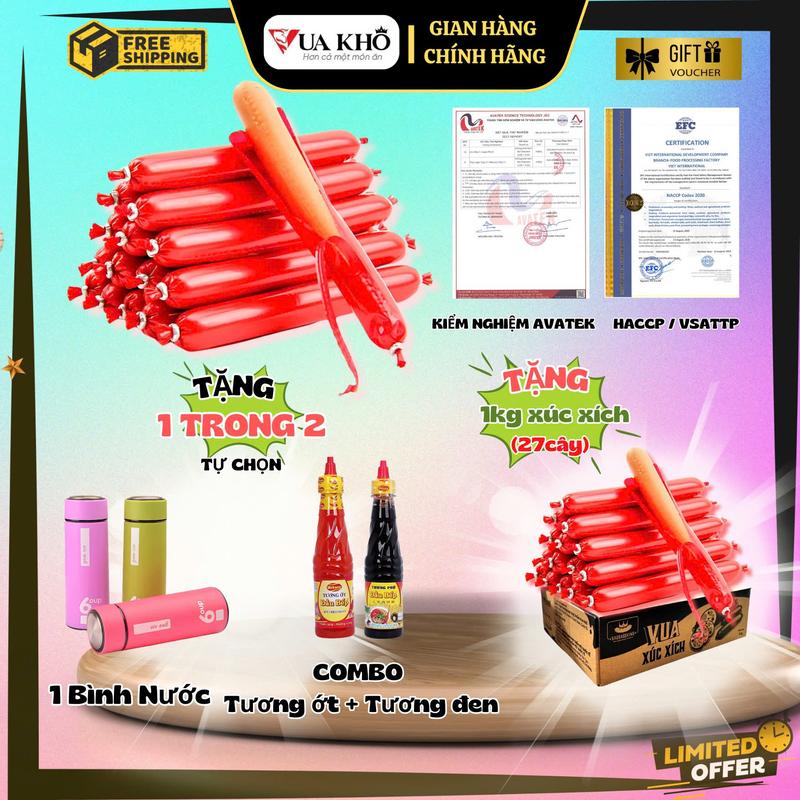 [MUA 1 TẶNG 2] MUA 1KG xúc xích ăn liền (SIZE 35gr/cây = 27 cây/kg) TẶNG 1KG xúc xích + 1 bình đựng nước - Đồ ăn vặt snack, Food, ăn liền, Thức Ăn, ăn liền, xúc xích tiệt trùng   đồ ăn nhẹ khô