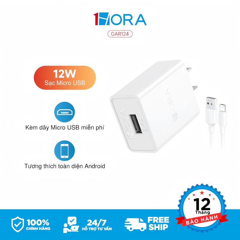 1HORA GAR124 Bộ Sạc Micro USB 12W - Sạc Nhanh 2.4A Kèm Cáp Micro USB 1M - Tương Thích Oppo/Samsung