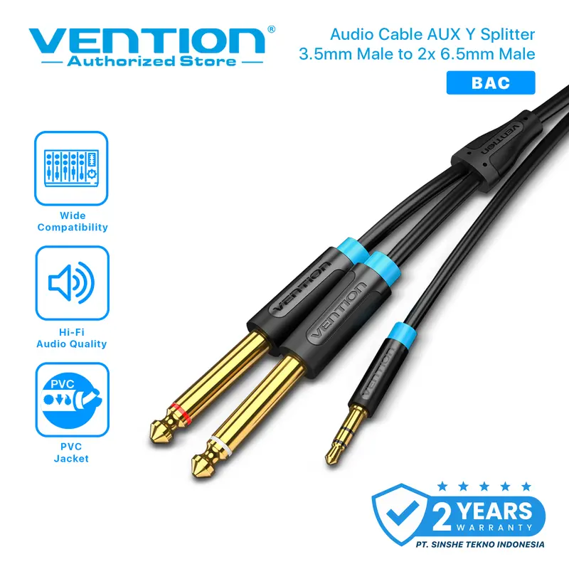 VENTION Kabel Aux Splitter 3.5mm to 2x 6.5mm TRS to TS Gold Plated Male Accessories Black 1