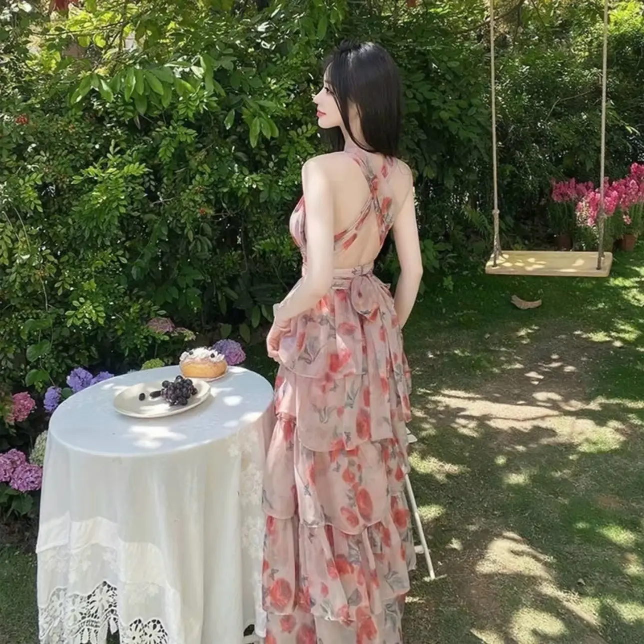 ĐẦM MAXI VOAN HOA TẦNG CHÉO SAU LƯNG CÓ MÚT LÓT Dress Nữ Women Váy.