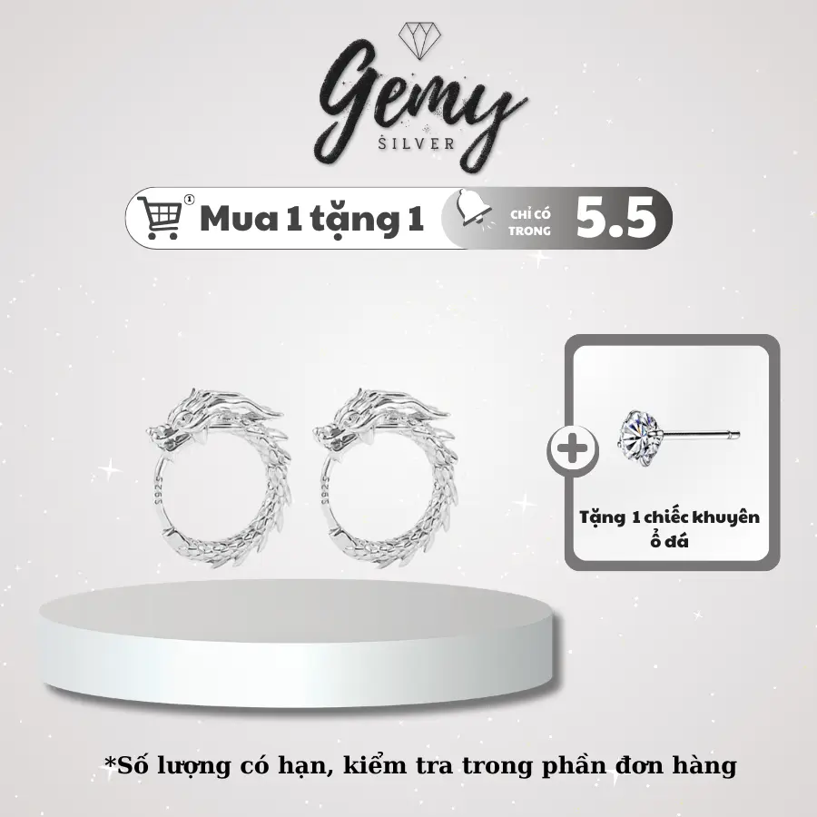 [TẶNG KÈM KHUYÊN TAI DUY NHẤT 5.5] Khuyên tai tròn nam bạc 925 hình rồng Dragon (1 chiếc) | GEMY SILVER KN126