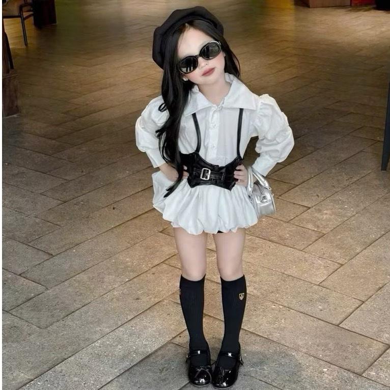 Shopmesockids Sét 3 Chi Tiết Áo Sơ Mi Trắng Dài Tay Gile Da Mix Quần Sooc Đen Cho Bé Gái Phong Cách Thời Trang