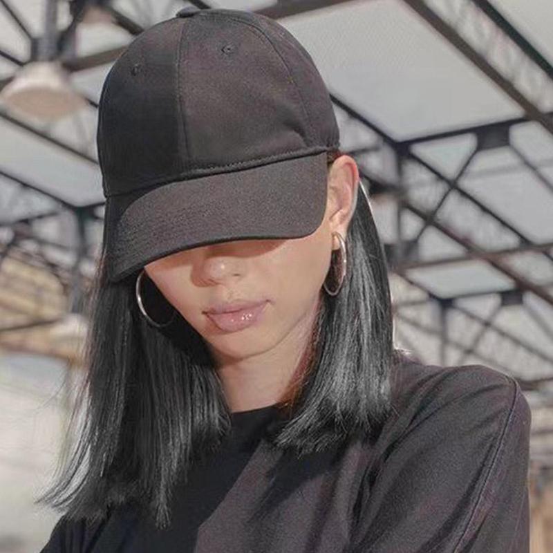 Fashion wig, black hat, hat, long wig, baseball cap, long straight hair, hat with wig m8j9 6
