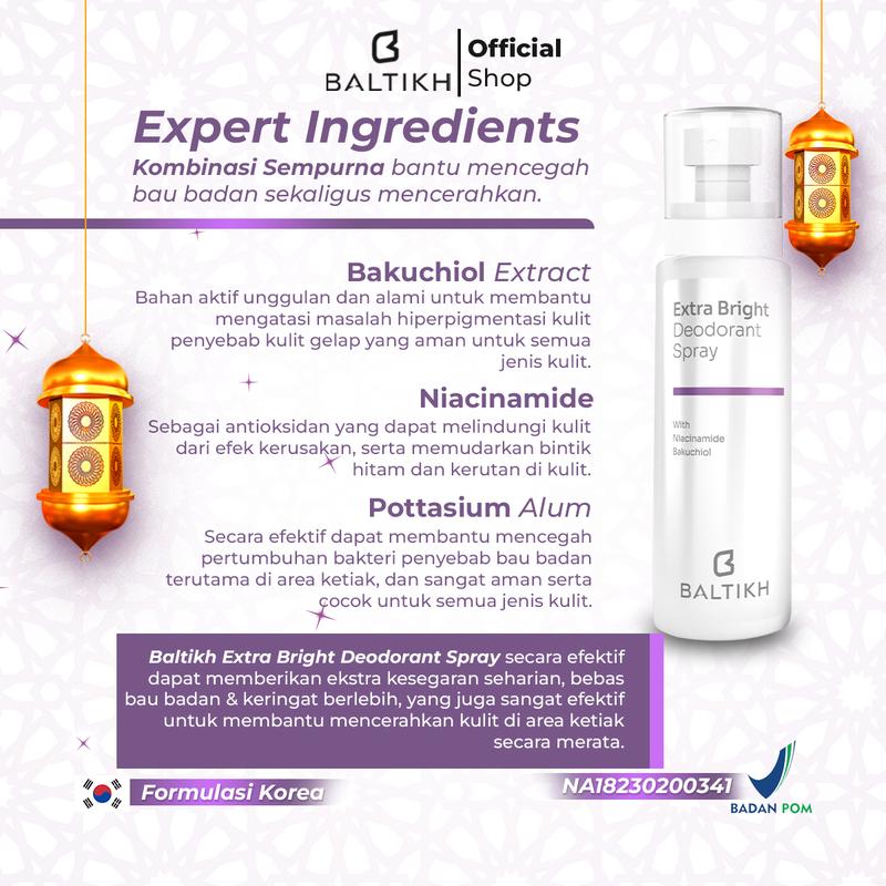 NEW 100 ML BALTIKH Extra Bright Deodorant Spray with Bakuchiol - Deodorant Keti. & Slengki Lipatan Extra Wangi Memorable dan Alami Pencegah Bau Badan + Anti Ketiak Basah Pencerah Bakuchiol 2