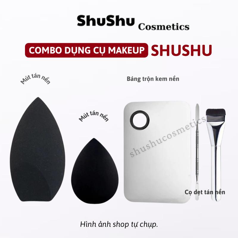   COMBO  Bộ Dụng Cụ Đánh Nền Makeup Cơ Bản Đầy Đủ Set 2 Mút Cọ Dẹt Tán Nền Khay Tán NềnSHUSHU COSMETCSS 