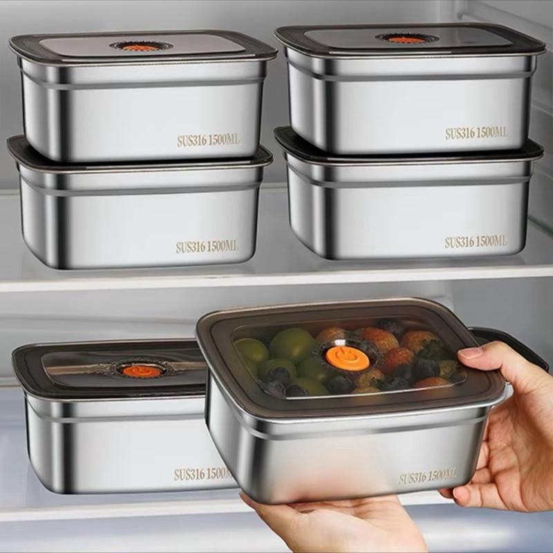 COMBO 5 hộp 1500ML inox 304 LOẠI 1 có nắp đậy hút chân không, khay đựng đồ để tủ lạnh ngăn mùi. (LA3)