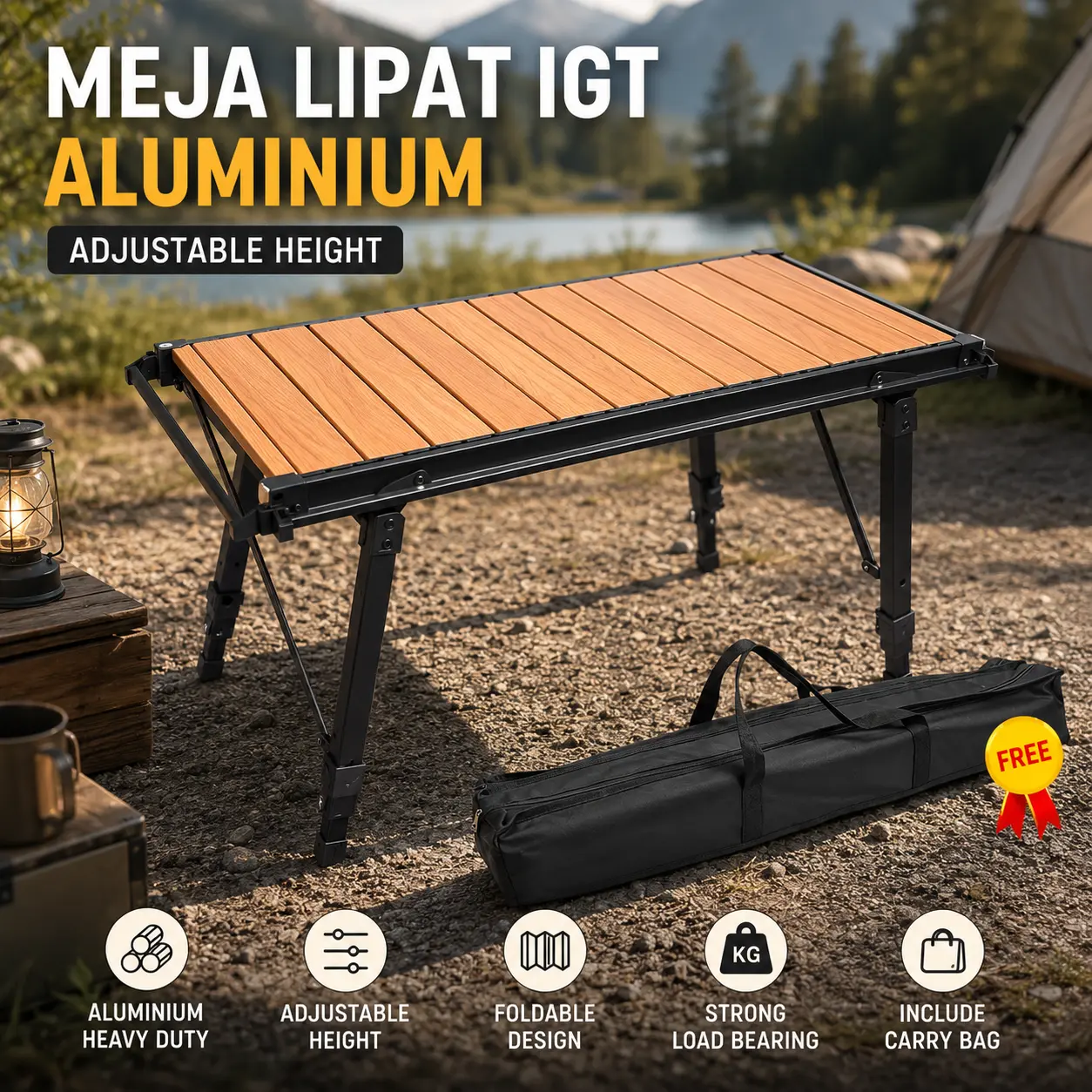 Wallmove Meja Camping IGT Aluminium Lipat Modular Portable 43-64cm 50kg