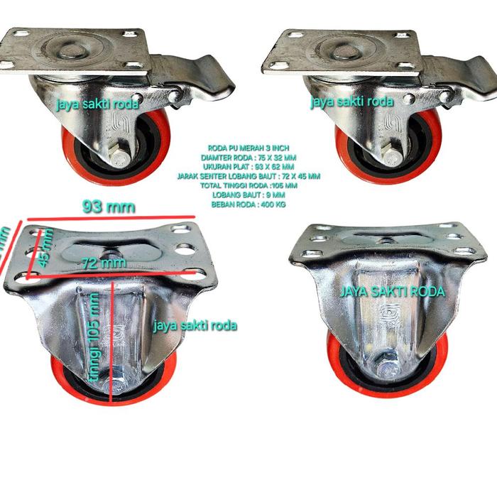 Jual Roda pu merah 3 inch 2hidup+rem 2mati beban roda 400 kg ball ...
