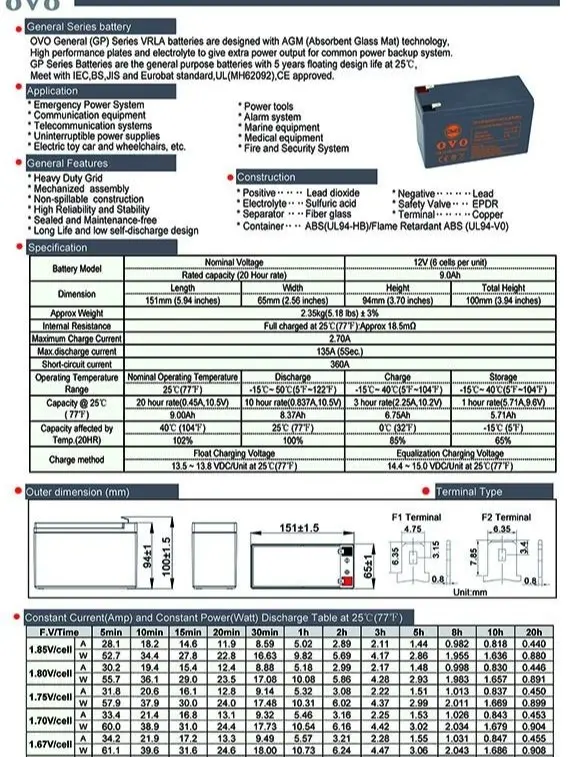 Baterai UPS OVO 12V 9AH VRLA NA12-9A