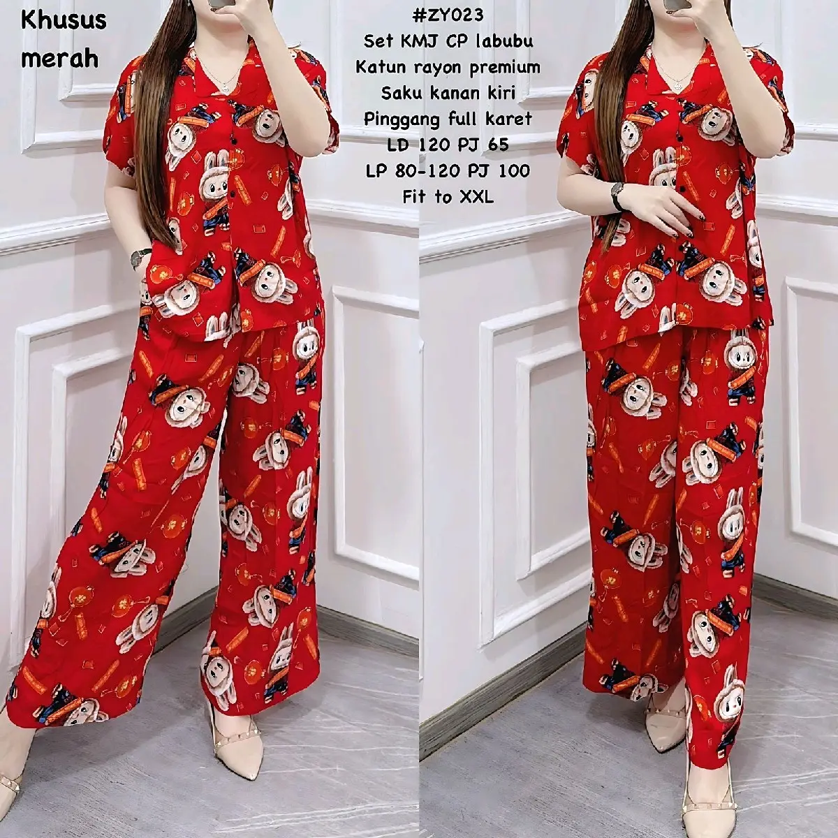 Setelan wanita kemeja motif Labubu rayon premium
