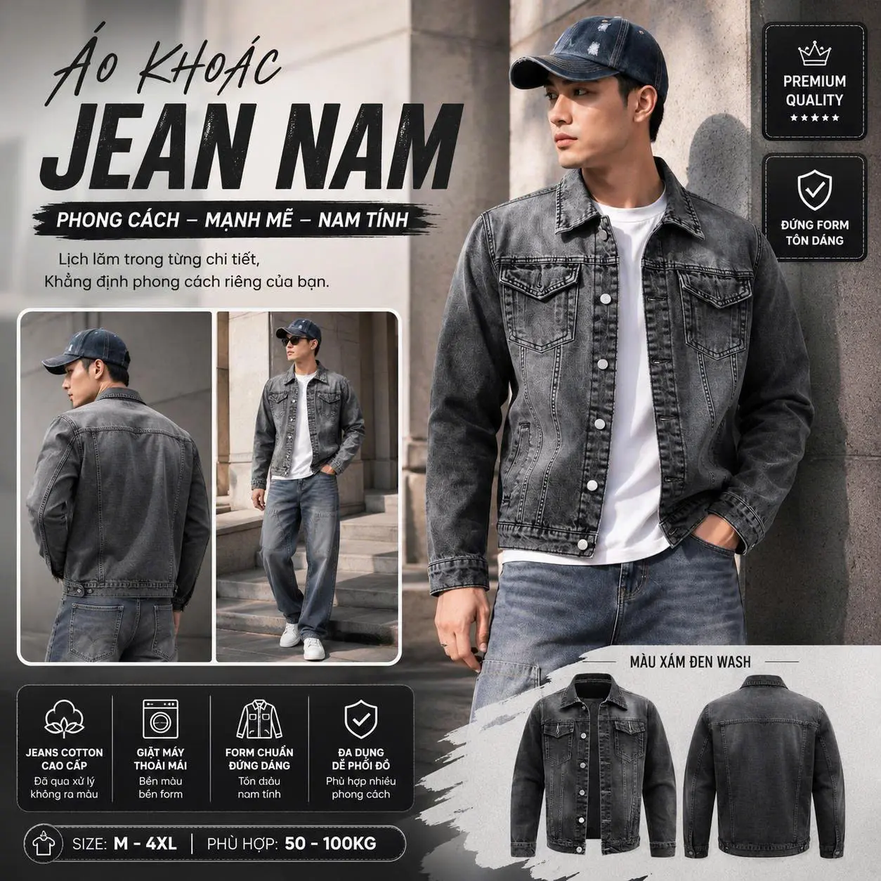 Áo khoác Jeans Nam cao cấp chất liệu vải cotton size từ 50-90kg