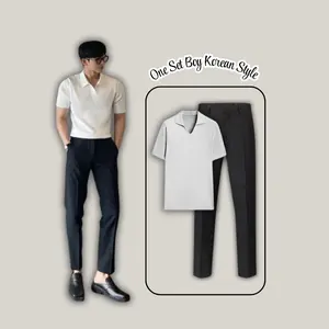 One Set Cowo Korean Style Kaos Putih Polo + Celana Casual Hitam Premium 03