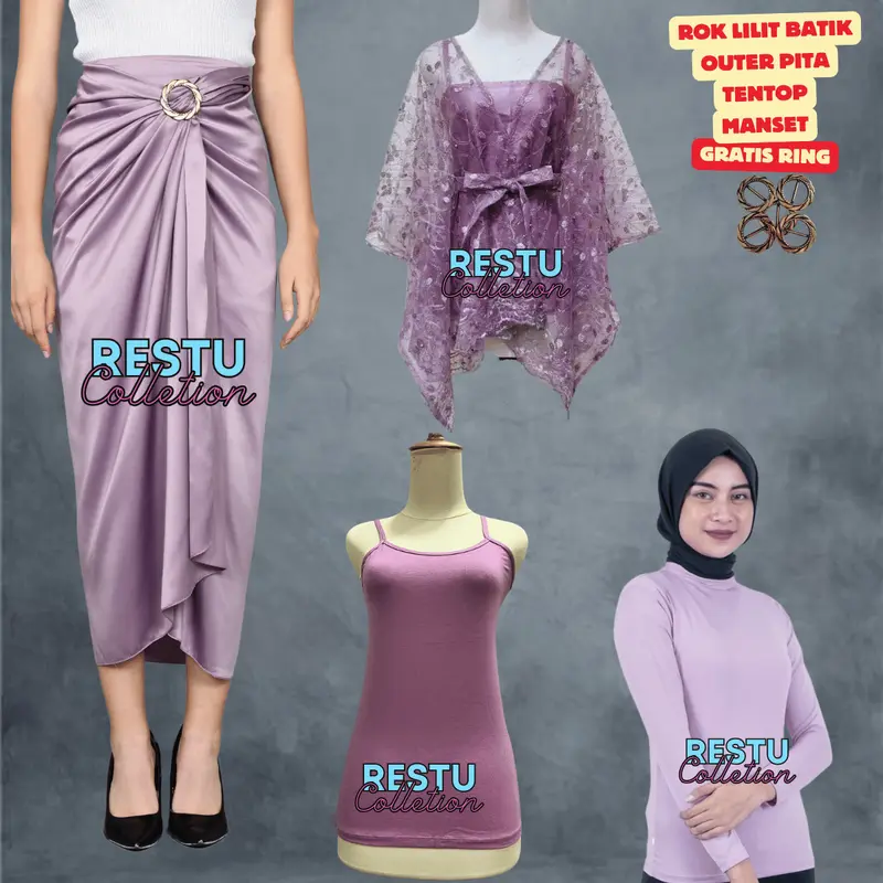 Oneset Rok Lilit Polos Warna move/Outer Pita dan Manset Wanita Kekinian Setelan Baju Kebaya Nyaman Bawahan Cantik Panjang Atasan 0