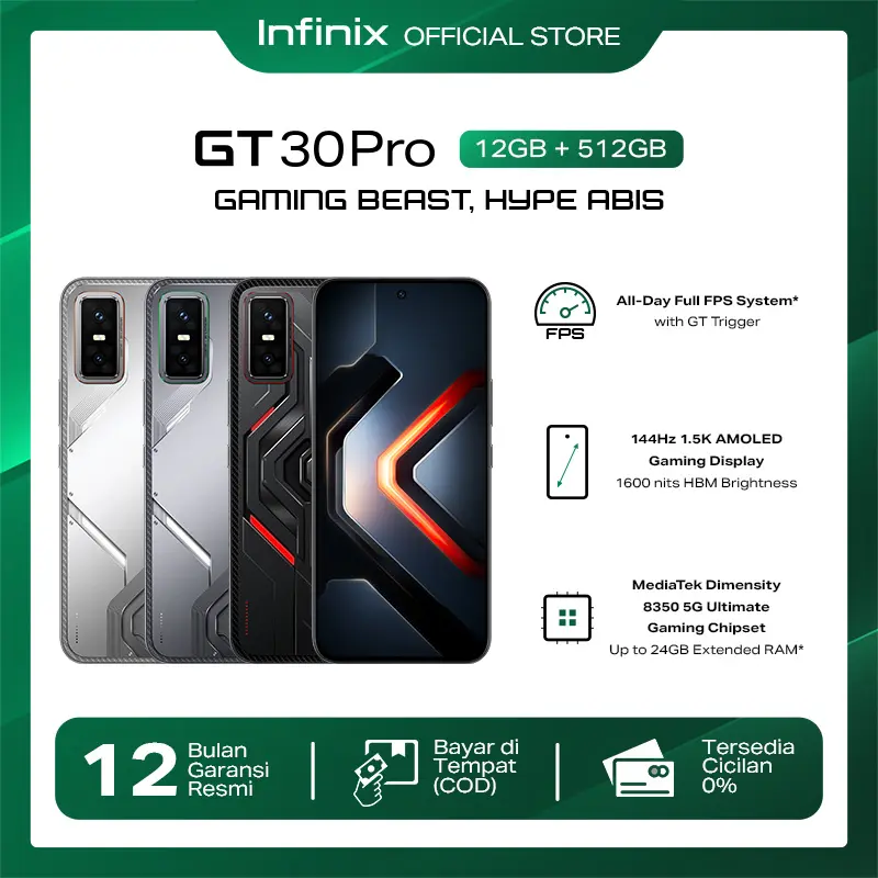 Infinix GT 30 Pro 12/512GB - Up to 24GB Extended RAM - Dimensity 8350 Ultimate - 6.78" Amoled+ 144Hz - 108MP - NFC
