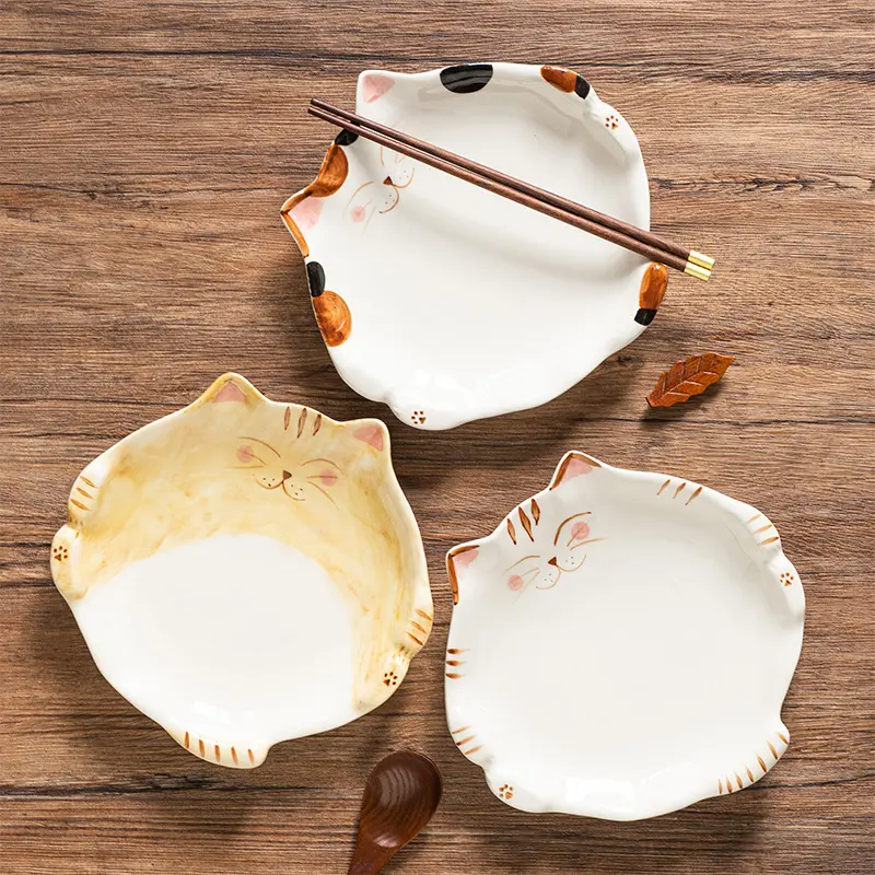 High appearance level ceramic plate Instagram cute cat underglaze dish Salad plate Home restaurant breakfast dessert dessert plate reusable washable andwear-resistant