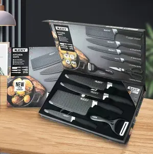 6Pcs  Pisau Set Multi-Fungsi Black Diamond Non-stick Coating Alat Dapur Kualitas Tinggi Stainless Steel Pisau Koki