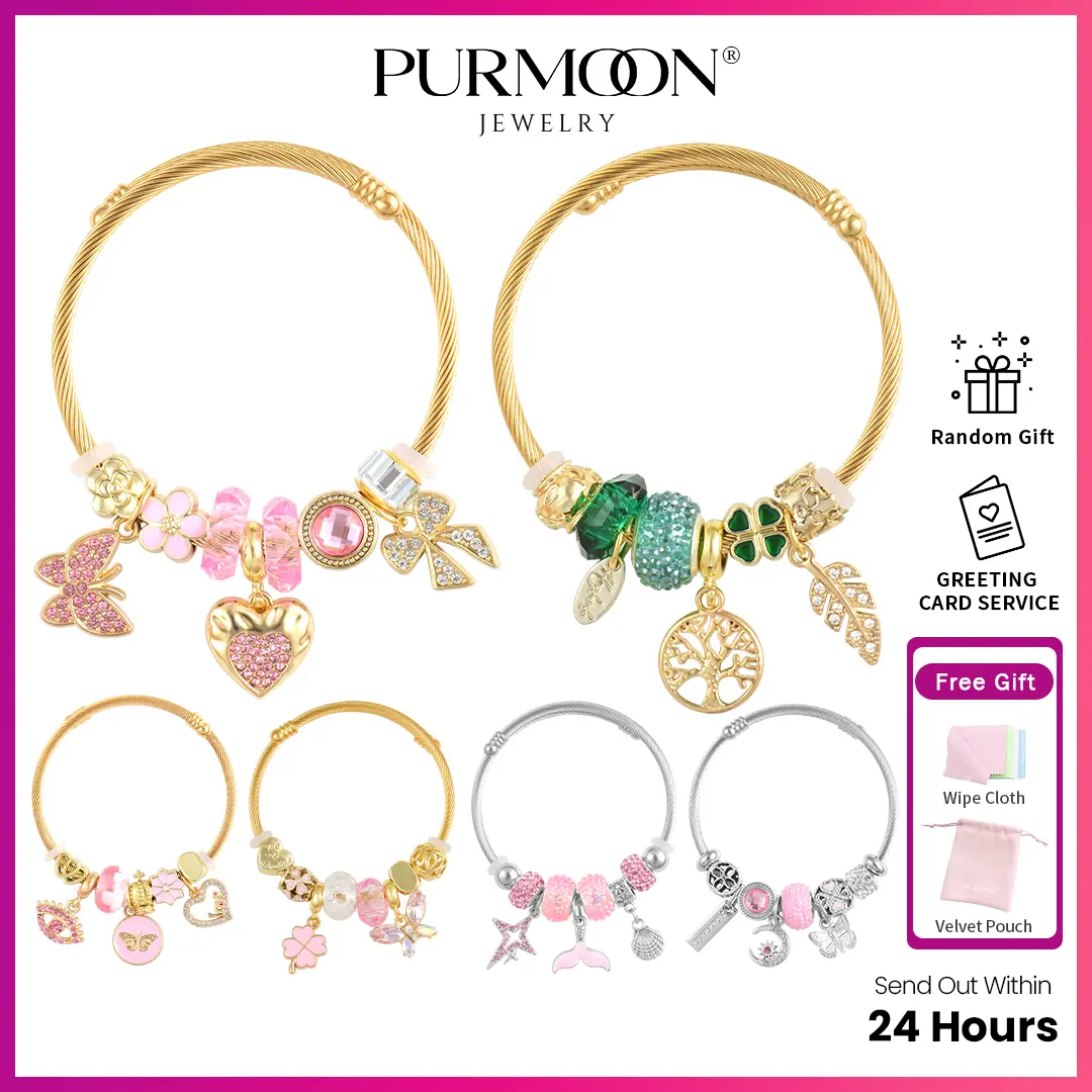 Purmoon Bracelet Adjustable Girls Women's Bracelet Lucky Charm Bangles, Heart, Key, Butterfly, Tree Of Life, Clover, Animals And Ather Styles, Suitable For Christmas, Party Gifts, Memorial Gifts (Optional Gift Box)