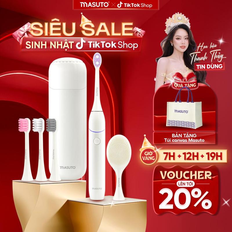 Bàn chải điện Masuto HyperUVSonic - BESTSELLER HA - Công nghệ UV diệt khuẩn đầu lông bàn chải, tích hợp máy rửa mặt: 5 đầu chải, 3 chế độ làm sạch sâu, nhỏ gọn, chống nước, Bảo hành 24 tháng #masuto #banchaidienmasuto #banchaidienhyperuvsonic
