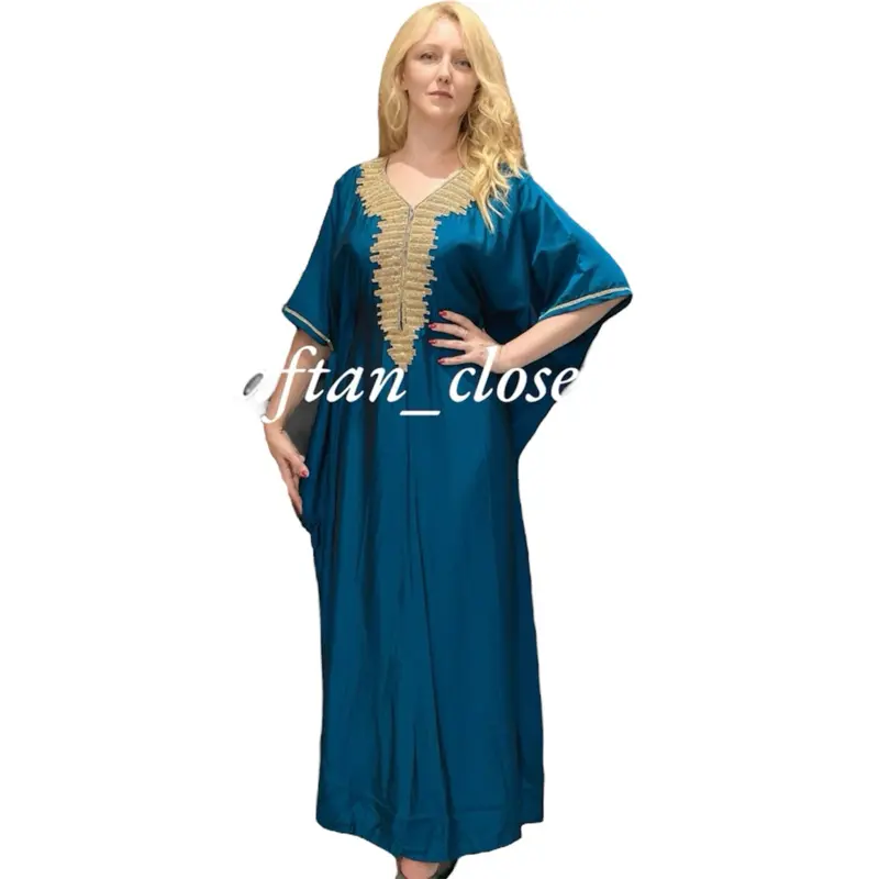 Nova nursing friendly luxury half sleeves gold beaded kaftan in silk blend fabric for occasions wear. Long kaftan dress for women with zipper in front. Comes in maroon and teal blue.