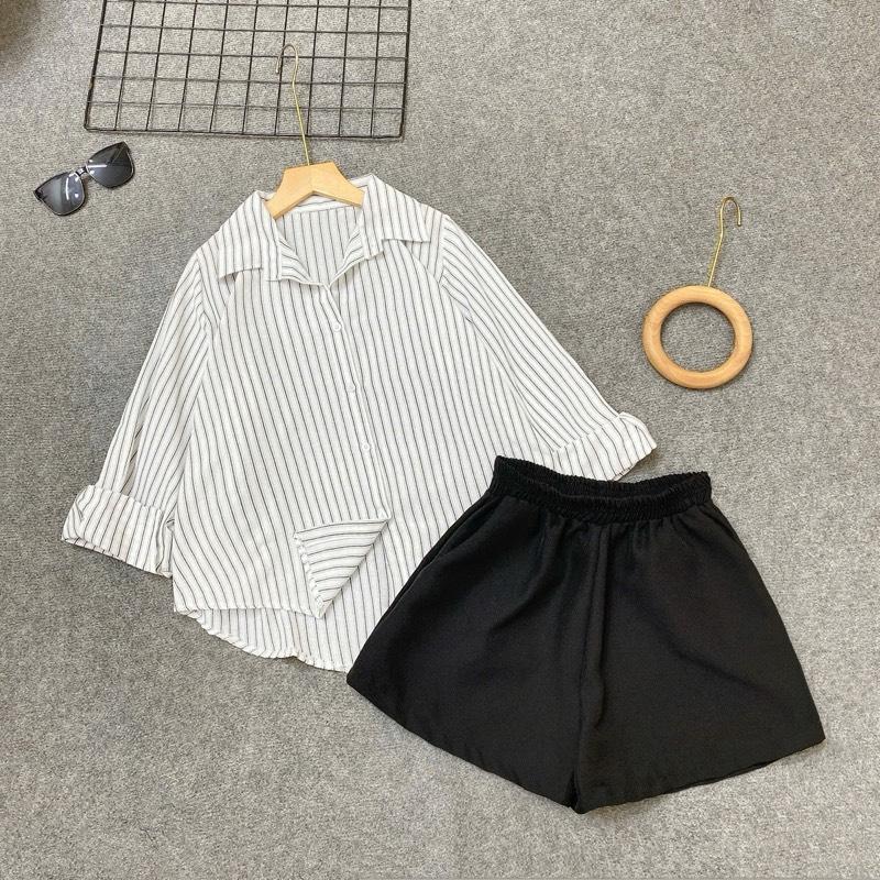  Set Bigsize  CÓ LẺ ÁO  Áo Sơ Mi Form Rộng Dài Tay Mix Quần Short A Basic Cho Nữ Chuppy  50-92Kg  - A328 Q500 