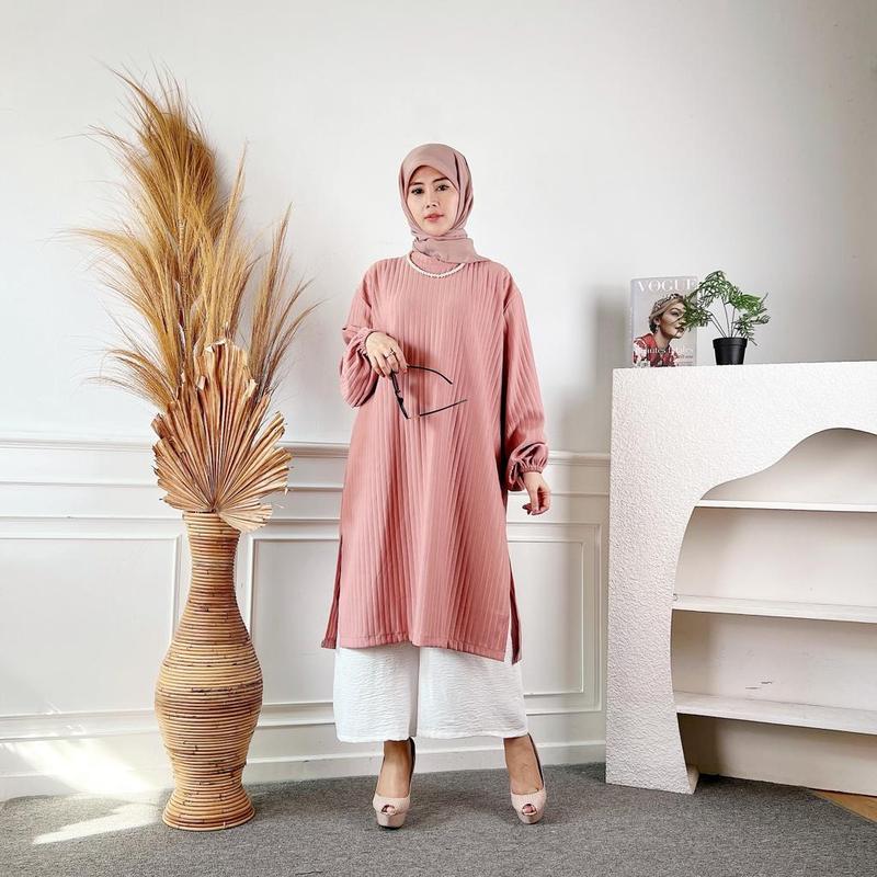 tunik wanita knit muslim ld 120 lengan karet Midi dres wanita melar 8