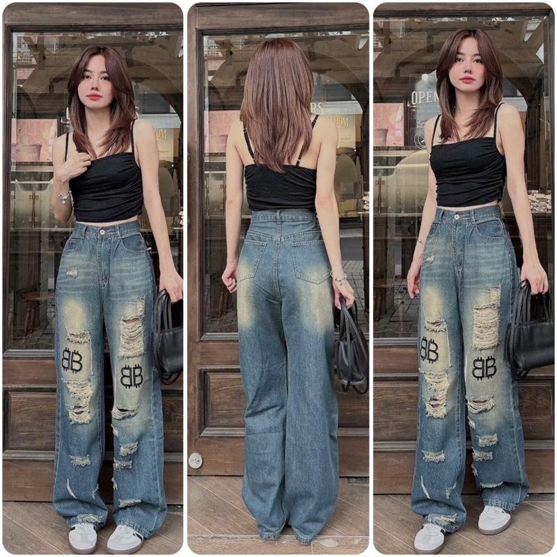 (S-2XL dài 104cm)quần jean nữ lưng cao ống rộng suông rách gối thêu chữ bb dài 103cmchất jean QC mềm không co dãn, tông màu bụi ,wash retro style women pants quần jean bụi 5712