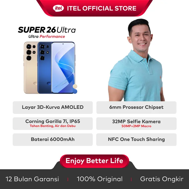 [Exclusive Afdhal Yusman NS] ITEL S26 ULTRA - 8+8/128GB - T7300 Ultra Gaming Processor - Corning Gorilla 7i - IP65 - 3D Curved Amoled Screen - 6000mAH