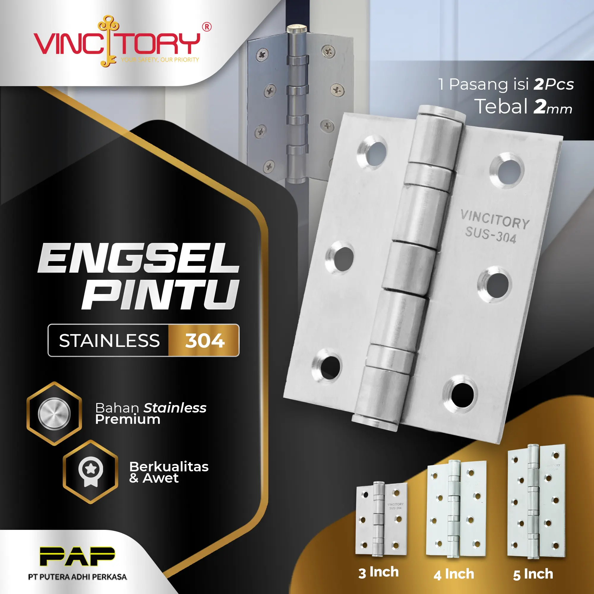 Engsel Stainless 5 Inch 4 inch 3 inch / Engsel Pintu / Engsel Plat Jendela / Door Hinge Vincitory | 304