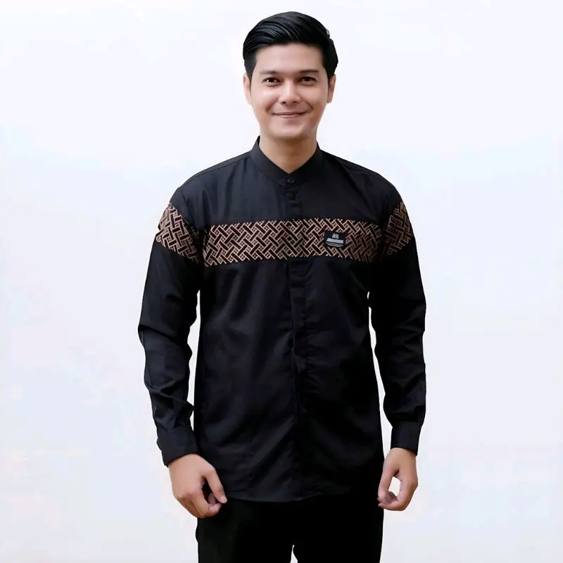 Baju Koko Dewasa Pria Lengan Panjang  Variasi Motif Kobata Qynang Muslim Manset Kancing Katun Formal Nyaman Hitam-Putih-Coklat-Navi - Ukuran M-XL