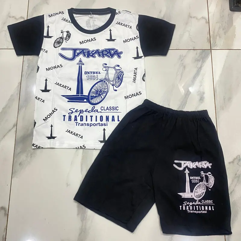 Setelan kaos anak oleh oleh jakarta motif monas dan onthel / kaos anak anak / setelan anak laki-laki / setelan anak perempuan / kaos anak 3