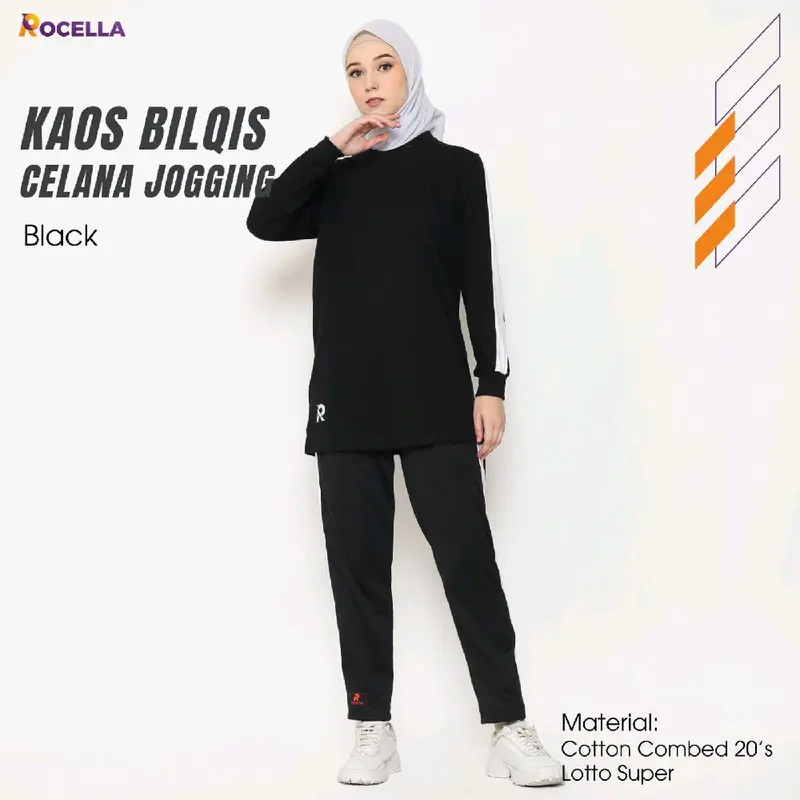 Pakaian Baju Setelan Seragam Kaos Celana Olahraga jogging running trening jumbo wanita perempuan cewe cewek muslim muslimah syar'i sportwear lengan panjang atas bawah bilqis rocella sporty combed 20s murah adem warna hitam abu ijo sage green merah maroon 4