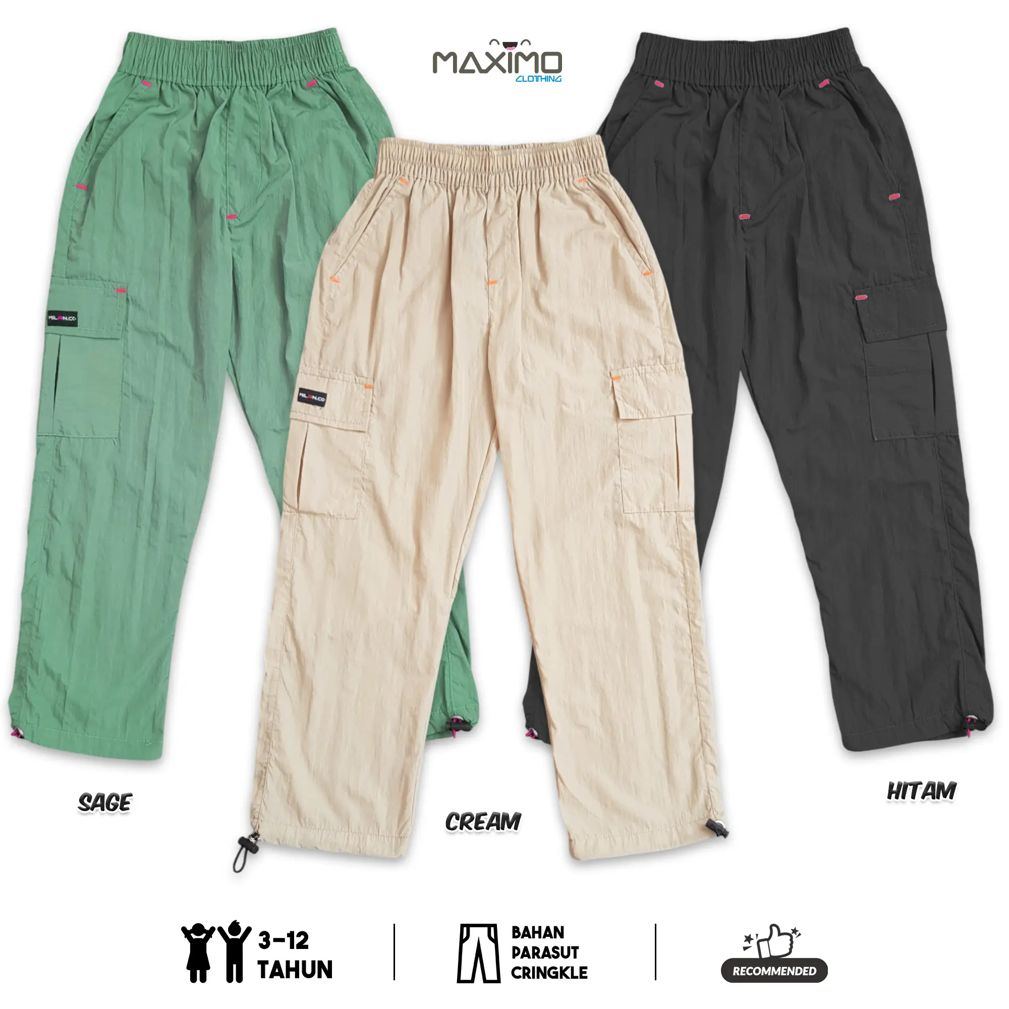 Celana Panjang Anak Kargo Parasut - Ukuran M - 3XL - Usia 4 hingga 12 tahun - Bahan Parasut Cringcle - Fashion Anak