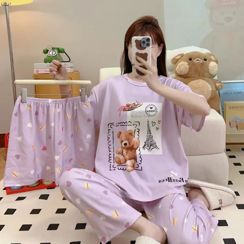Set Piyama 3 in 1 Wanita Dewasa - Baju Tidur Lengan Pendek + 2 Pcs Celana Tidur Panjang Pendek Fit 2