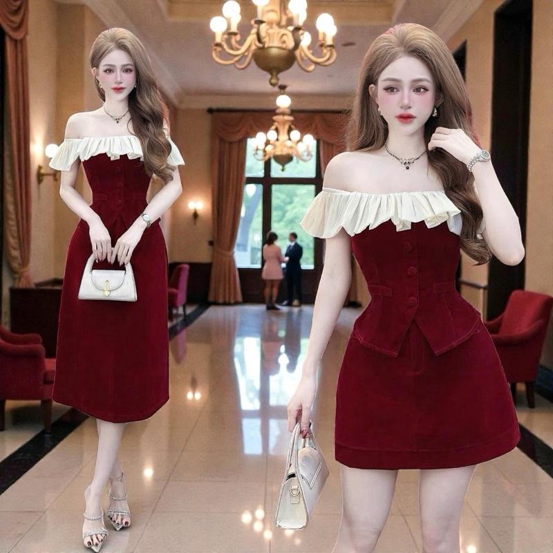 CZT NGẮN DÀI S6626 S6627 SET HOT gồm áo kiểu tay bèo form lửng và chân váy nhung để đi chơi Áo kiểu nữ Chân váy nữ Set đồ đông set mặc đi tiệc
