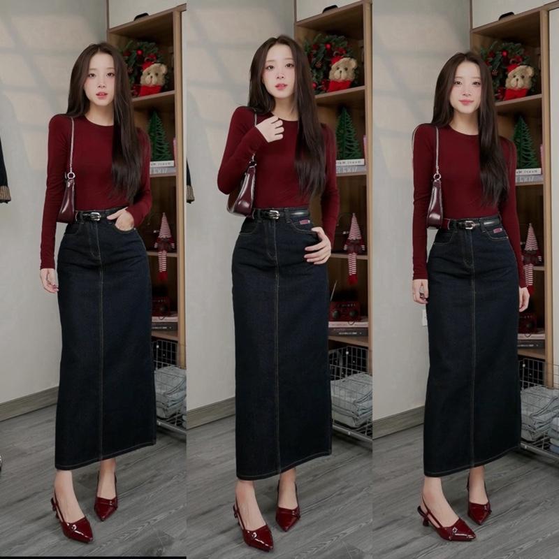   NEW  Chân váy jean suông dài 90cm mác đỏ nâu  VẢI ĐẸP  có xẻ sau tôn dáng #8400  AN TÂY STORE68  