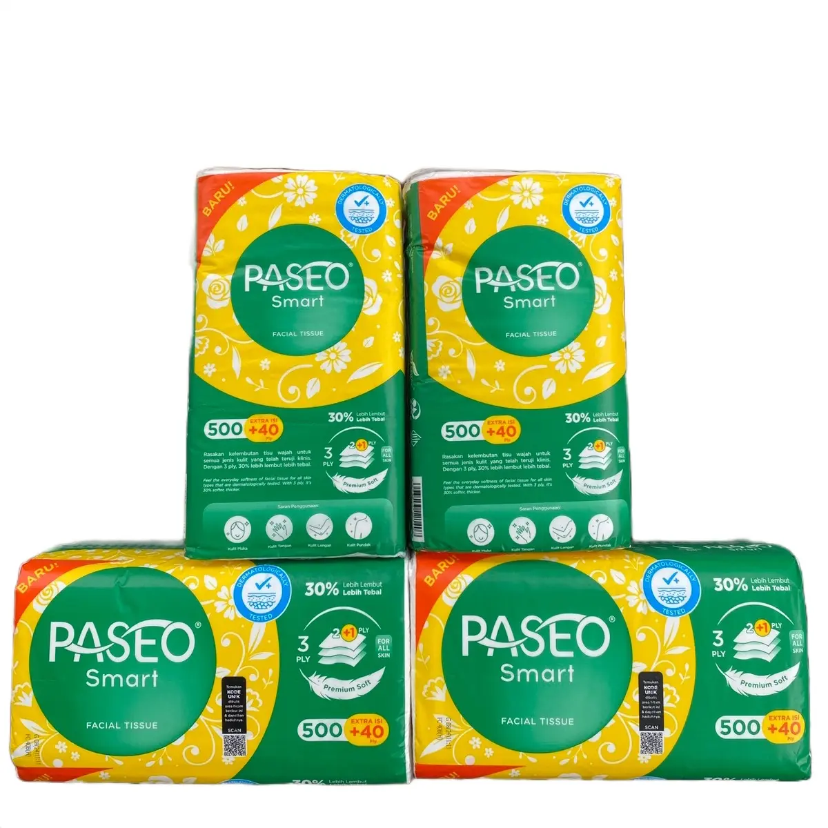 (4 PCS) TISU PASEO FACIAL 250 SHEET/540 HELAI 30 % LEBIH KUAT & TEBAL 3 PLY TISSUE PER LEMBAR