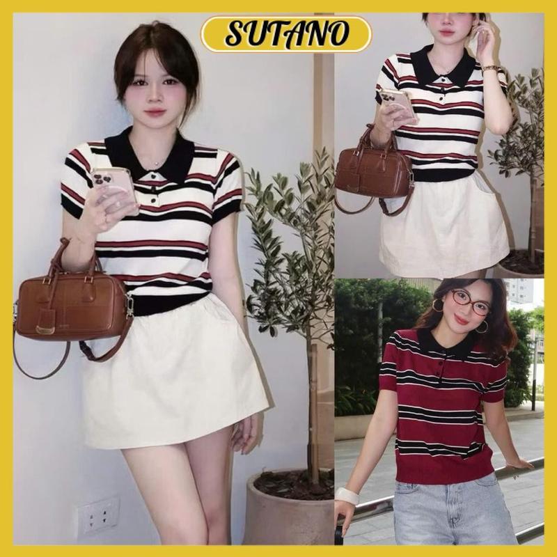 Áo len mongtoghi cộc tay cổ polo họa tiết kẻ đỏ ngang hottrend A255 SUTANO